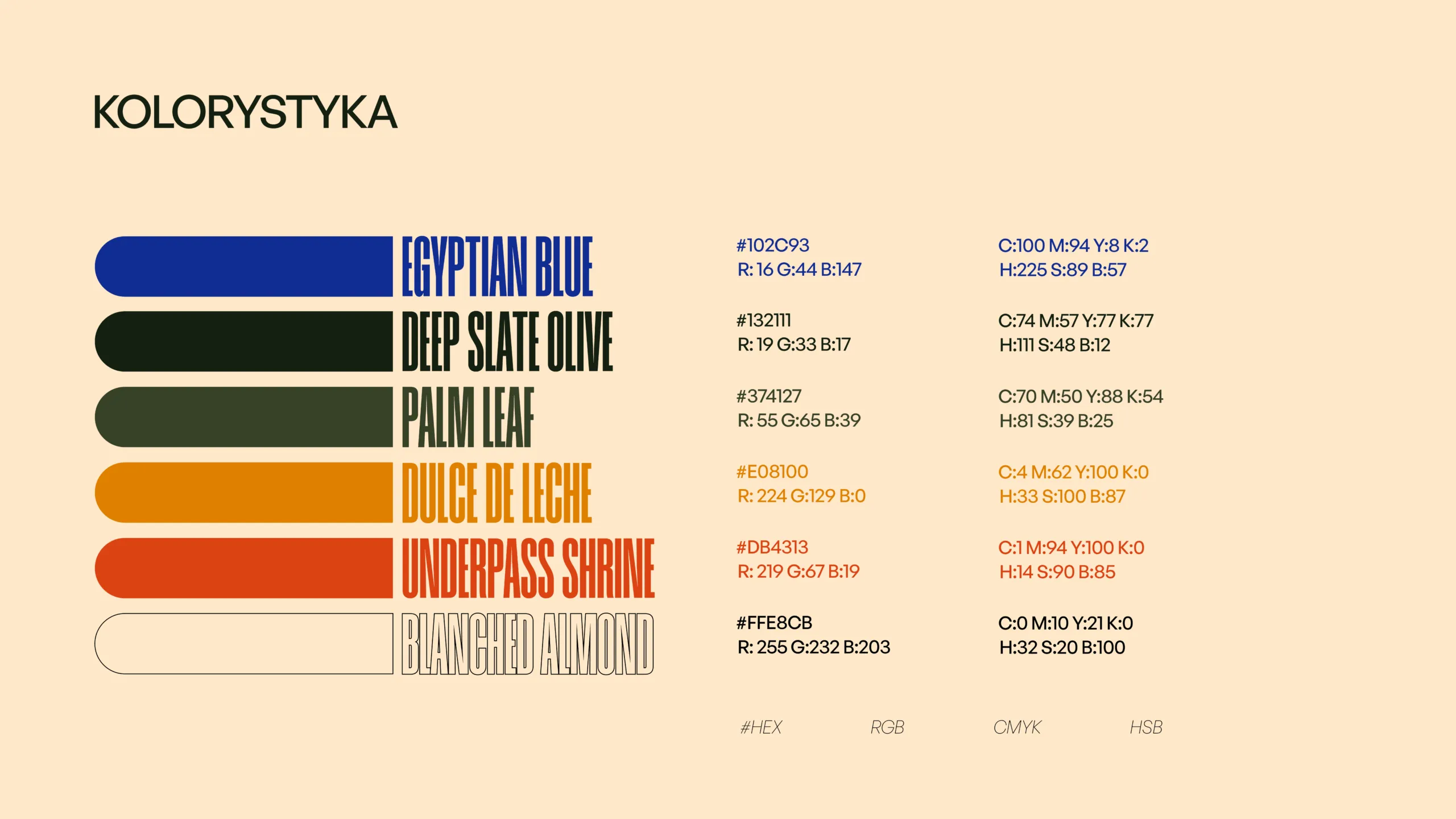 Przykładowa paleta kolorów dla logo – kolory używane do budowania tożsamości wizualnej marki, prezentowane przez Agencję Manila